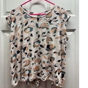 Rachel Zoe Women's Size XL Linen Abstract Leaf Cap Sleeve Faux Button Back Top